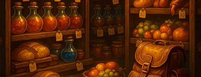 Emporio medievale, bancone con pozioni luminose